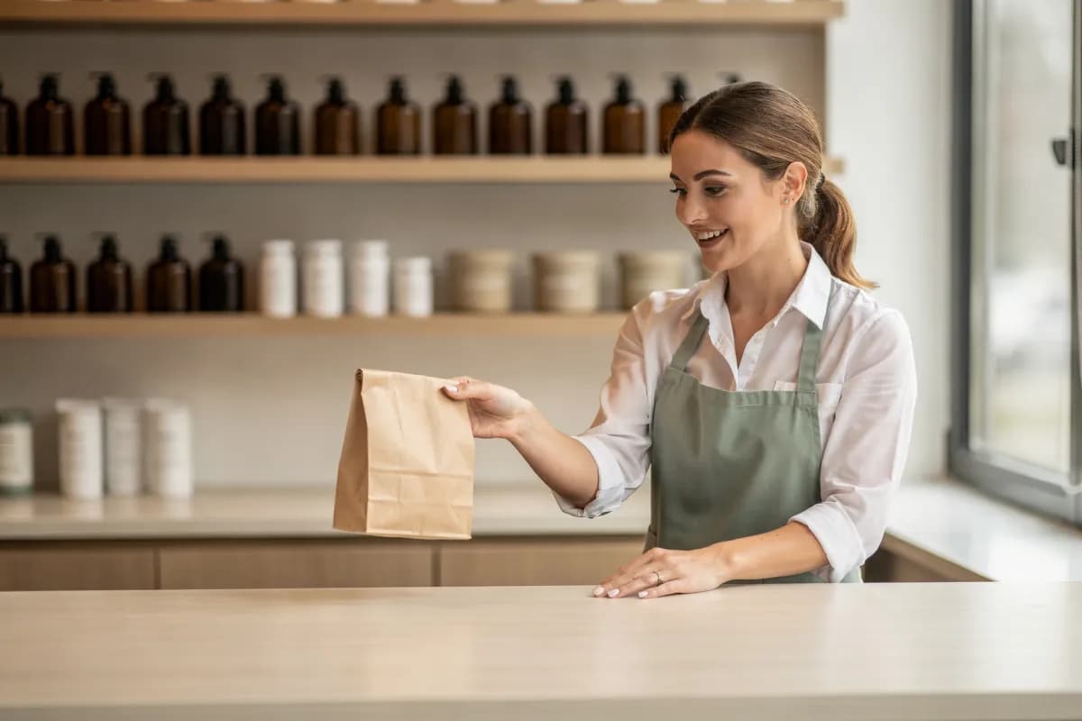 A pharmacist handing a prescription bag across the counter
