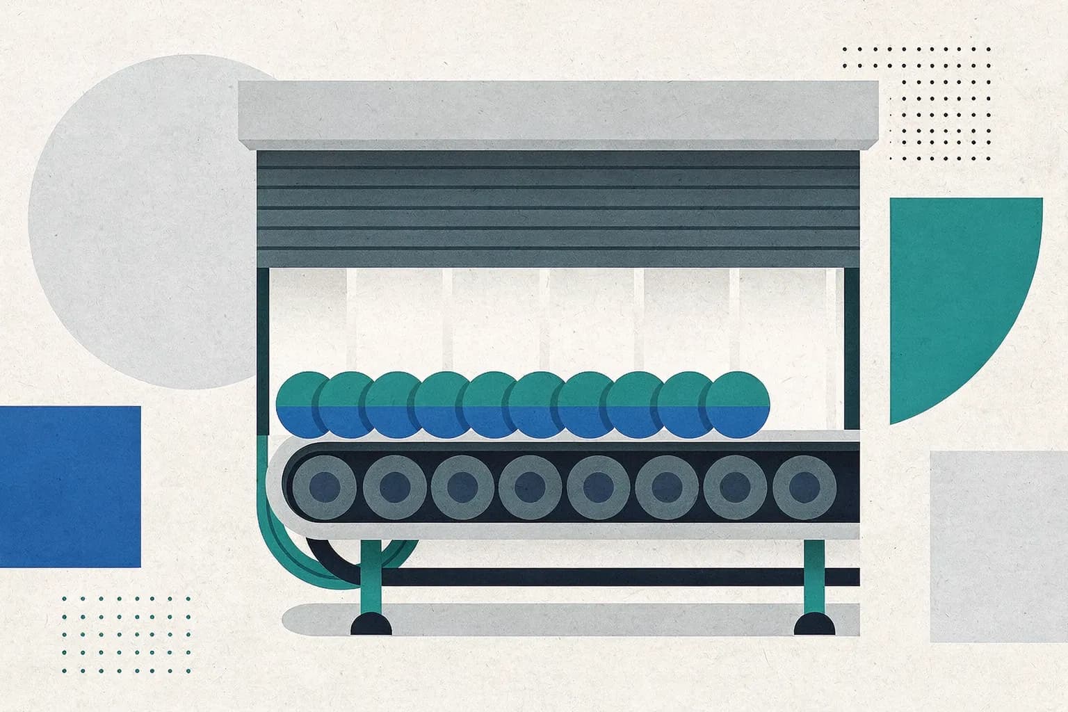 A queue of identical tokens waits on a stopped conveyor beneath a closed shutter.