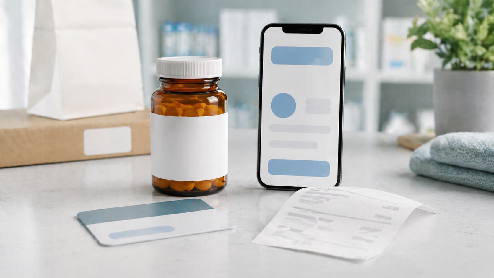 A pill bottle, smartphone with chat bubbles, and a pharmacy receipt on a counter