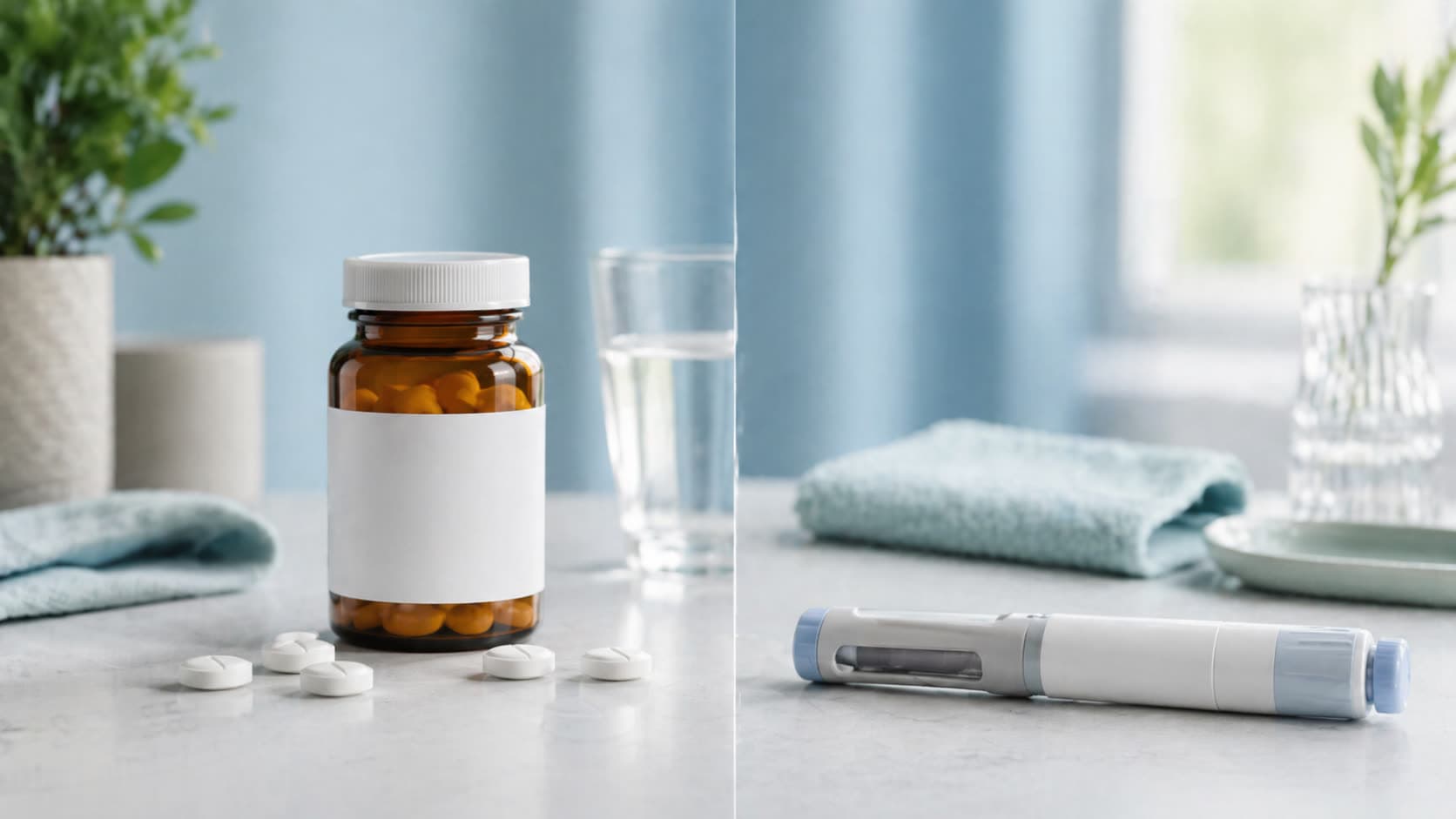 A pill bottle on the left and a GLP-1 injection pen on the right