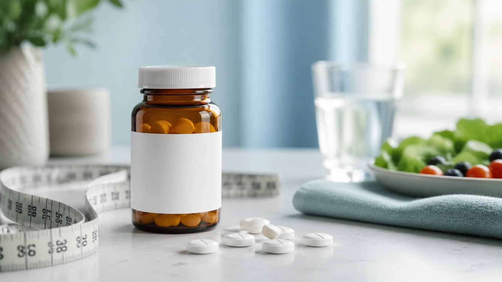 Foundayo orforglipron pill bottle on a counter with a tape measure