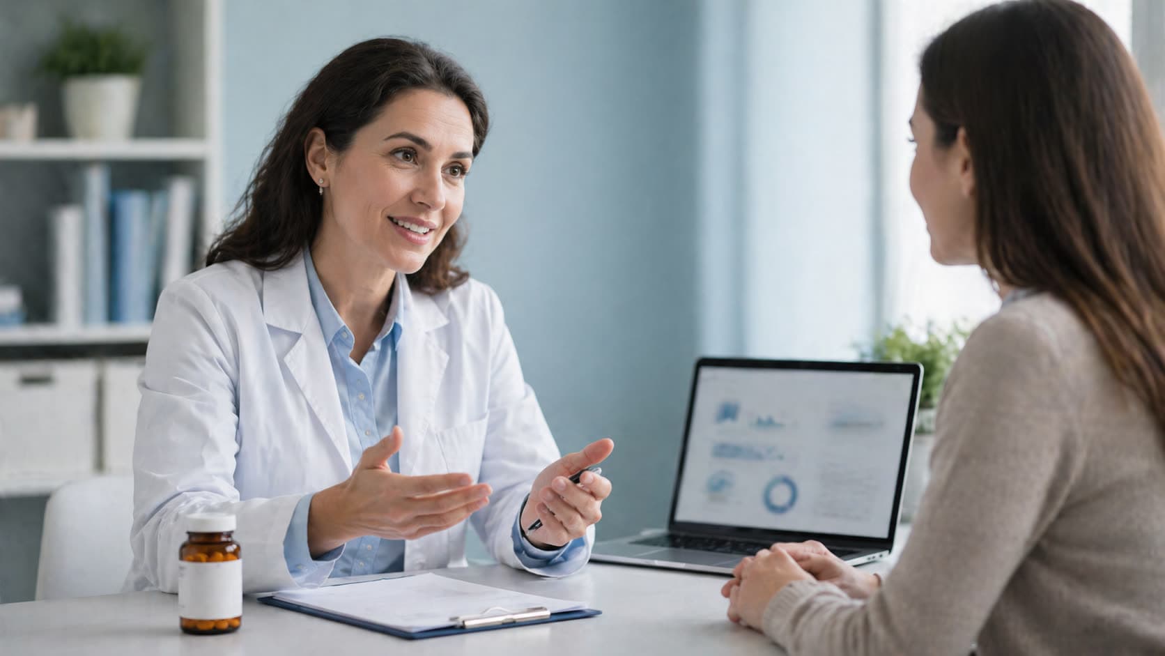 A clinician in a white coat talking with a patient at a desk