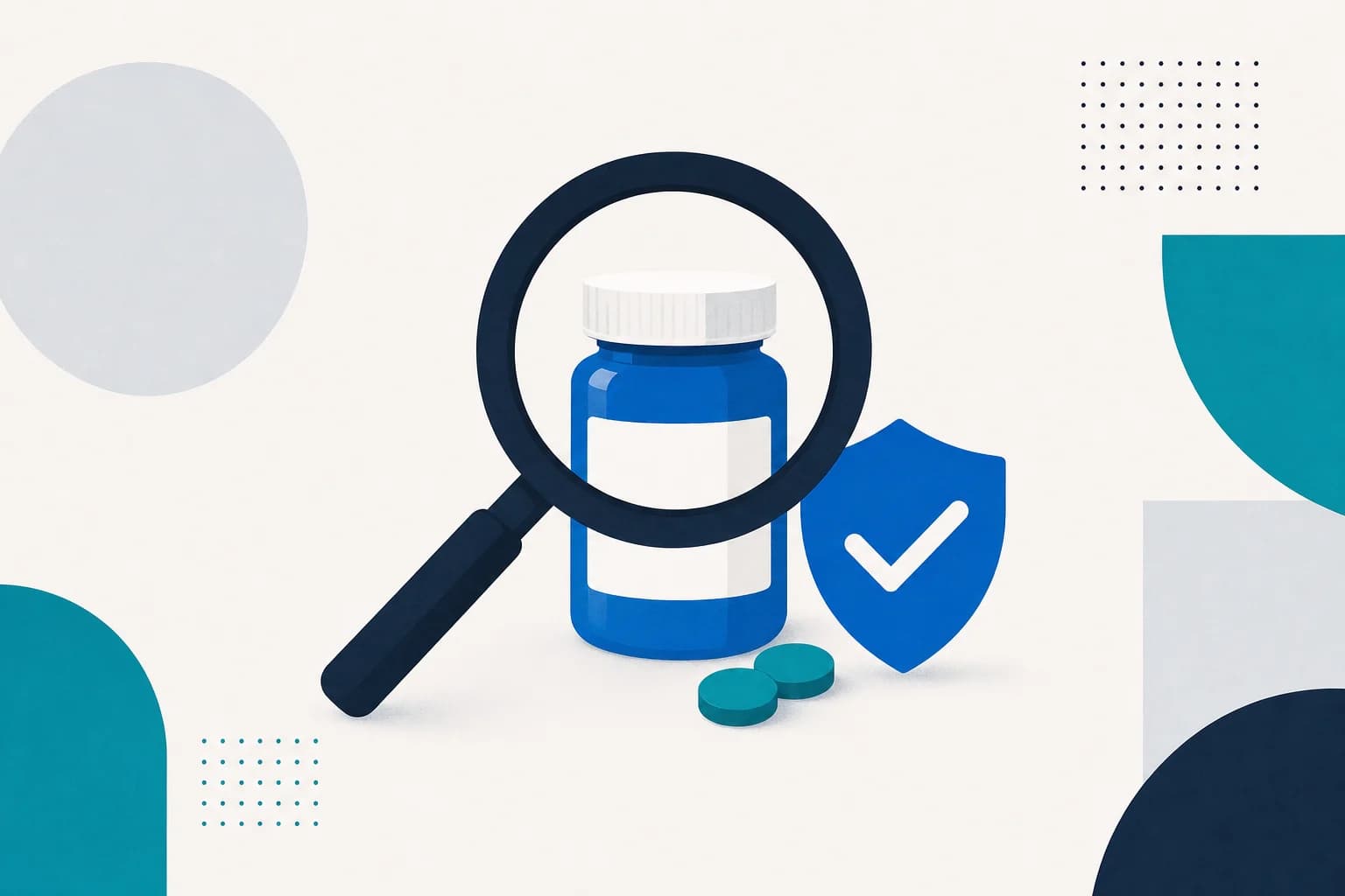 A dark magnifying glass over a blue prescription bottle with a blank label, beside a blue shield with a white check mark and two plain teal tablets.