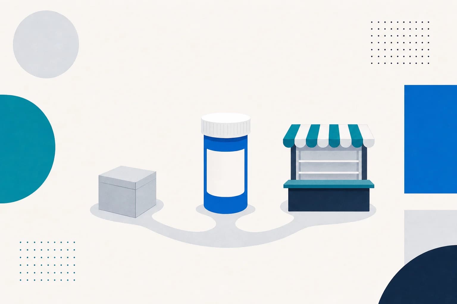 A blue prescription bottle with a blank label between a sealed gray shipping box and a small pharmacy counter under a teal striped awning, joined by a soft gray path.