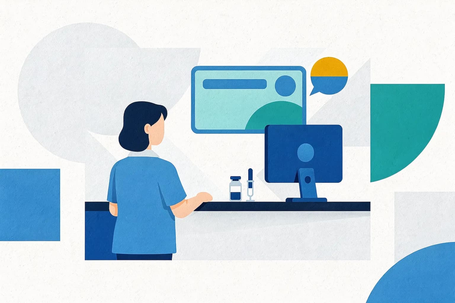 A person waits at a pharmacy counter beside a screen showing no prescription record.