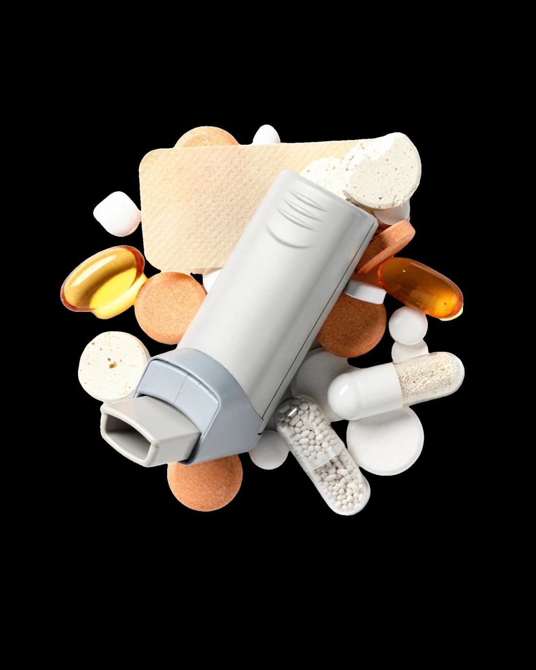 An inhaler, a skin patch, and assorted pills and capsules